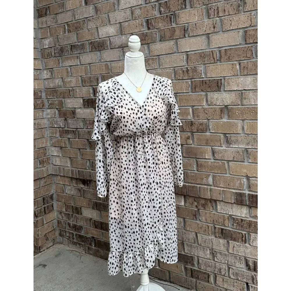 Living Doll Dalmatian Print Ruffle Sleeve Midi Dress Womens Flowy Boho Sz M - Picture 1 of 14